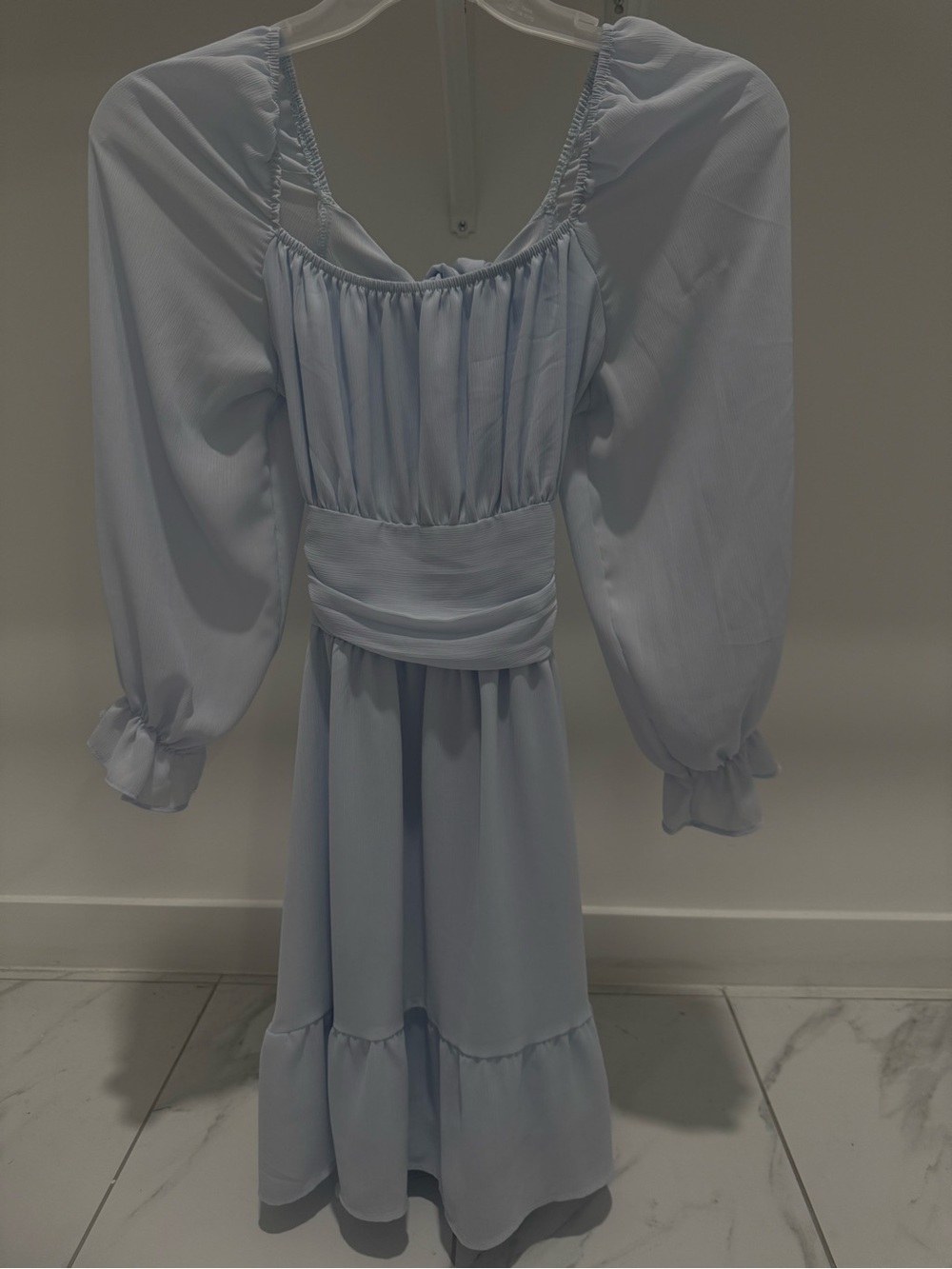 Pale Blue Puff Sleeve  Dress with Smocked Bodice